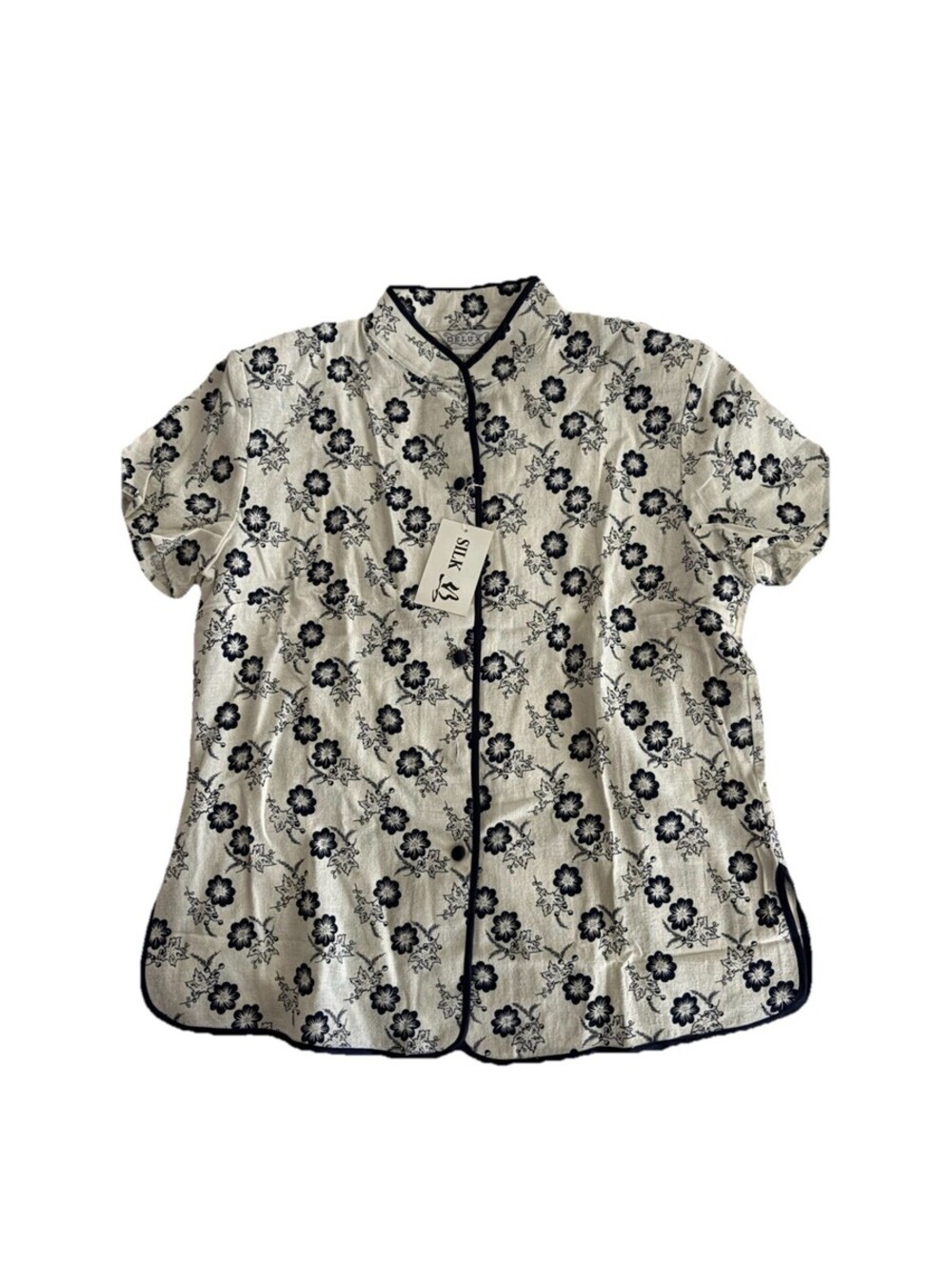 Deluxe Silk Button Up Shirt Shoulder Pads 100% Silk NWT L  White Navy Blue